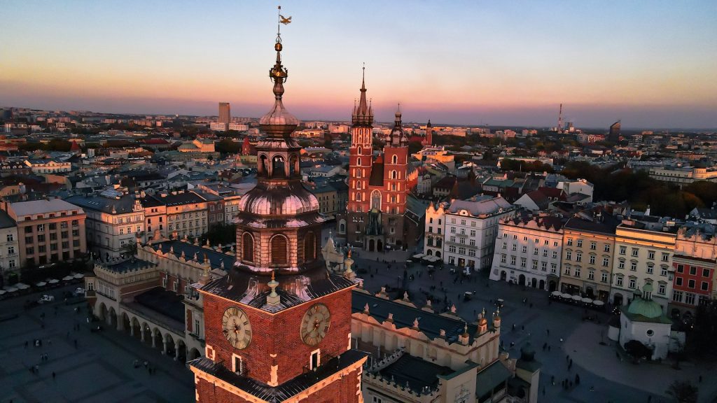 Aerial view of Krakow’s Old Town with historic rooftops and St. Mary’s Basilica in the center