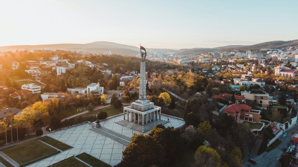 Slavín memorial overlooking Bratislava at sunset