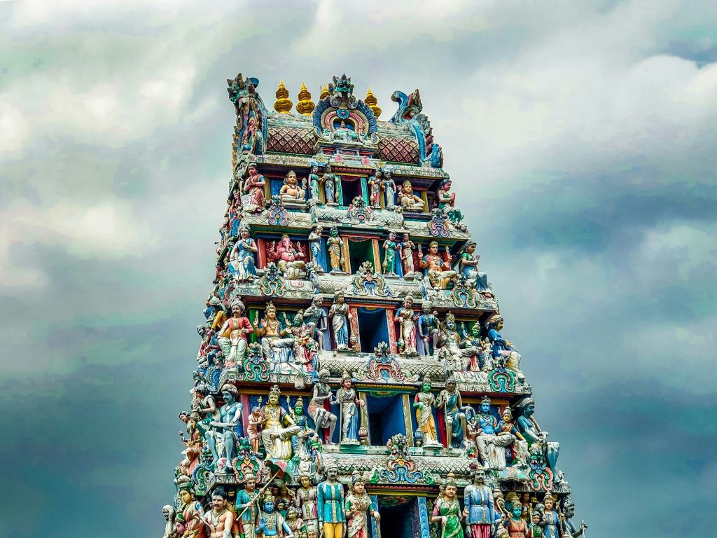 Colorful gopuram tower of Sri Mariamman Temple in Chinatown.