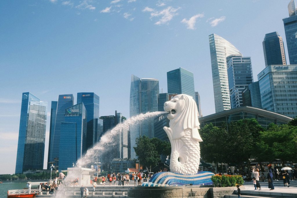 Merlion statue at Marina Bay in Singapore.