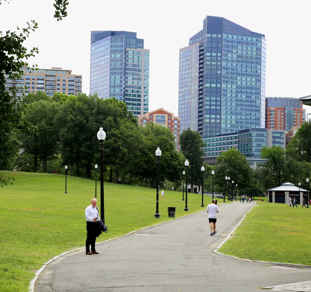 Boston Common park path with city skyline