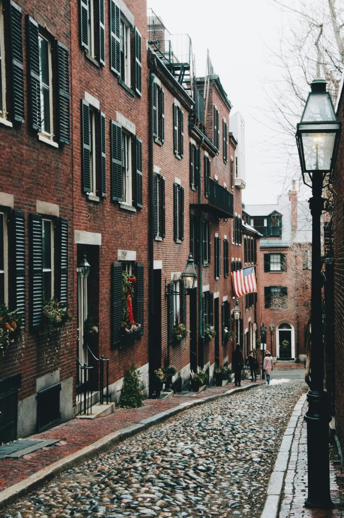Historic cobblestone street in Boston Beacon Hill
