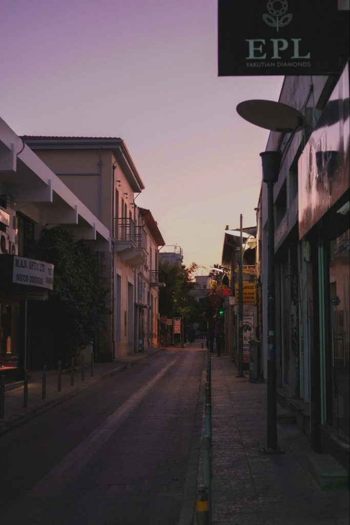 Quiet Cyprus city street at sunset