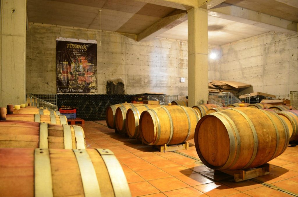 Cyprus winery cellar with wooden barrels