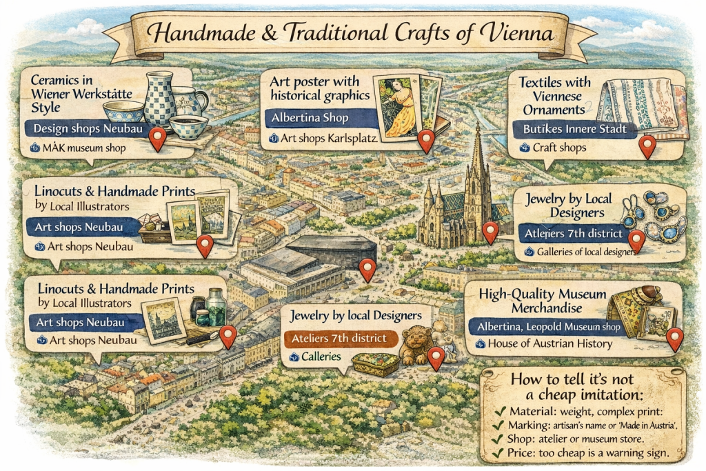 Handmade and Traditional Crafts from Vienna Vienna’s handmade and traditional crafts are more than just souvenirs—they capture the city’s history, culture, and unique charm. Each piece reflects local artistry and centuries-old techniques, giving you a small but meaningful connection to the city. Bringing these crafts home lets you meet the stories behind the work, whether through local artisans, family-run workshops, or traditional designs, and keeps a piece of Vienna’s spirit with you long after your trip. Ceramics, Reproductions and Contemporary Interpretations Why it is Viennese: Wiener Werkstätte was a landmark early 20th-century movement that united art and craftsmanship. Contemporary workshops create ceramics with geometric ornaments and minimalist décor inspired by this style. Where to buy: - Design shops in the Neubau district - Museum shops at MAK - Museum für angewandte Kunst Art Posters with Historic Viennese Graphics Why it is Viennese: Retro opera, ball, or exhibition posters in Art Nouveau style are part of the city’s visual history. Where to buy: - Museum shop at Albertina - Art stores near Karlsplatz Textiles with Viennese Ornaments Why it is Viennese: Traditional Alpine and imperial textiles (tablecloths, kitchen towels) made from natural fabrics in restrained colors, without tourist clichés. Where to buy: - Local textile boutiques in the Innere Stadt - Craft stores Handmade Silver Jewelry by Local Designers Why it is Viennese: Small studios create jewelry inspired by architecture, façade symmetry, and the city’s musical heritage. Where to buy: - Jewelry ateliers in the 7th district - Local design galleries Linocuts and Handmade Prints by Local Illustrators Why it is Viennese: Vienna has a strong tradition of graphic art and printmaking. Author prints featuring city silhouettes look contemporary and far from banal. Where to buy: - Independent art shops - Creative spaces in Neubau Wooden Carvings from Local Stores Why it is Viennese: Austrian wood carving is part of Alpine craftsmanship culture. Small decorative items have a warm, homely character. Where to buy: - Craft stores - Seasonal markets Museum Souvenirs and Gifts (Not Mass-Market) Why it is Viennese: Viennese museums pay attention to design: silk accessories, art reproductions, limited-edition items made from quality materials. Where to buy: - Shops at Albertina, Leopold Museum, MAK - Museum für angewandte Kunst - Haus der Geschichte Österreich Austrian Beauty: Skincare and Cosmetics to Bring Home Austria has a long tradition of natural skincare and high-quality cosmetics, often made with carefully sourced ingredients from the Alps. These products aren’t just useful, they’re a little piece of Viennese lifestyle you can take home. From luxurious creams to fragrant soaps and herbal remedies, Austrian cosmetics combine elegance, effectiveness, and a touch of local charm. They make thoughtful souvenirs because they’re both practical and unique, giving friends and family (or yourself!) a taste of Vienna’s refined approach to beauty. Saint Charles Apothecary - Viennese Apothecary Skincare Why it is truly Viennese: The brand was founded in Vienna and operates in the concept of a historic pharmacy focused on botanical formulas and European phytotherapy. Where to buy: - The Saint Charles pharmacy on Gumpendorfer Straße - Official brand boutiques in the city center What to check: - Natural formulas without aggressive components - Original branded packaging - Volume up to 100 ml if taking in carry-on - Glass bottles are safer in checked baggage Susanne Kaufmann - Alpine Care from Austria Why it is connected to Austria: The brand uses Alpine herbs and is produced in Austria. Frequently available in Viennese concept stores and premium department stores. Where to buy: - Cosmetic boutiques in the Innere Stadt - Large department stores such as Steffl What to check: - “Made in Austria” labeling - avoid random souvenir shops - liquids over 100 ml cannot go in carry-on - wrap glass containers carefully Ringana - Austrian “Fresh Cosmetics” Why it is local: An Austrian brand built around fresh cosmetics without synthetic preservatives. Sold in Vienna through official partners and certified stores. Where to buy: - Certified brand partners - Natural cosmetics shops (not tourist stalls) What to check: - shorter shelf life (normal for the brand) - sealed packaging - volume limits for flights - avoid suspiciously low prices For flights: - Up to 100 ml: allowed in carry-on - Larger volumes: checked baggage - Purchases after security control are not subject to the 100 ml restriction