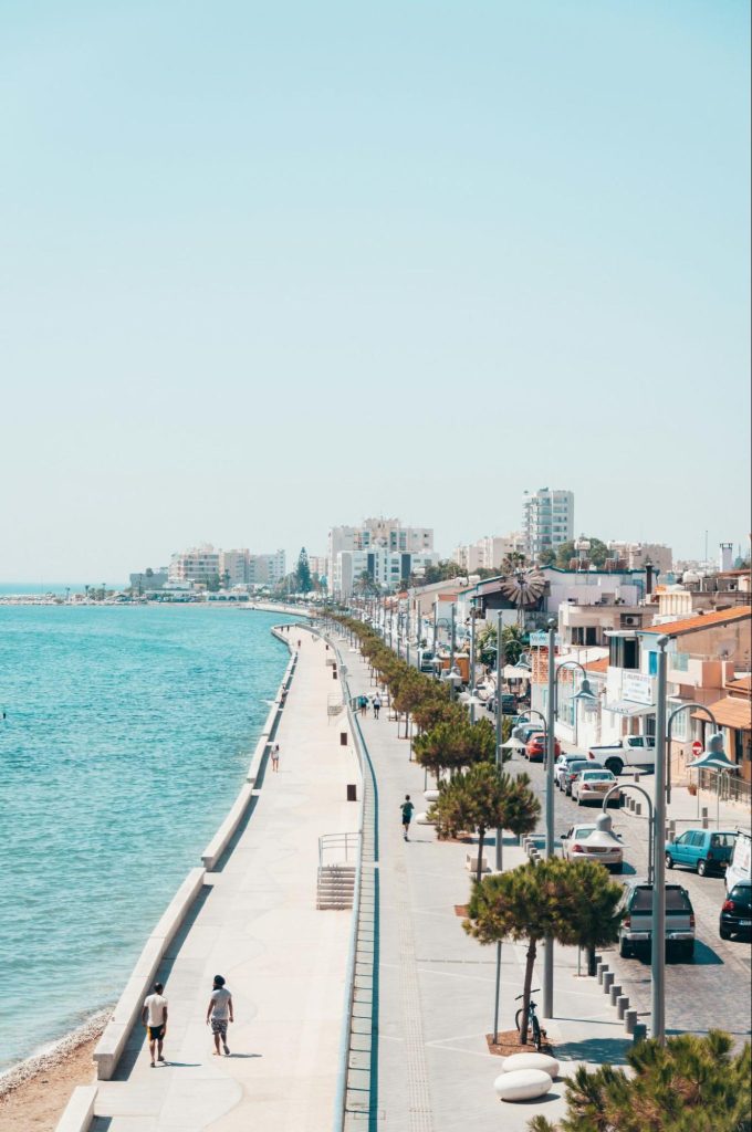 Cyprus coastal promenade with city skyline