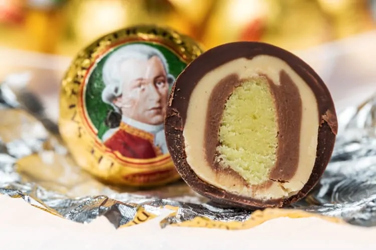 Close-up of Mozartkugel chocolate with marzipan and nougat filling