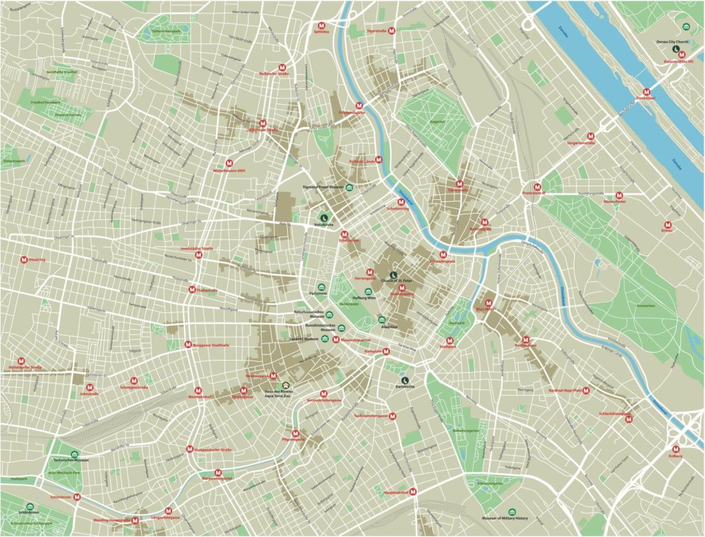Map of central Vienna with major streets, metro stations and landmarks