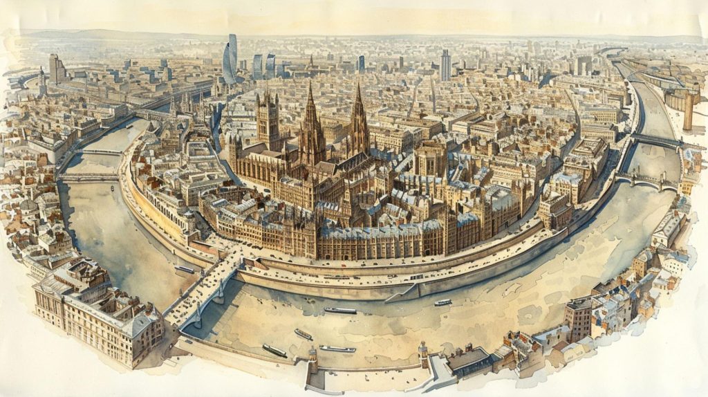 Vintage-style illustrated panoramic map of Vienna city center
