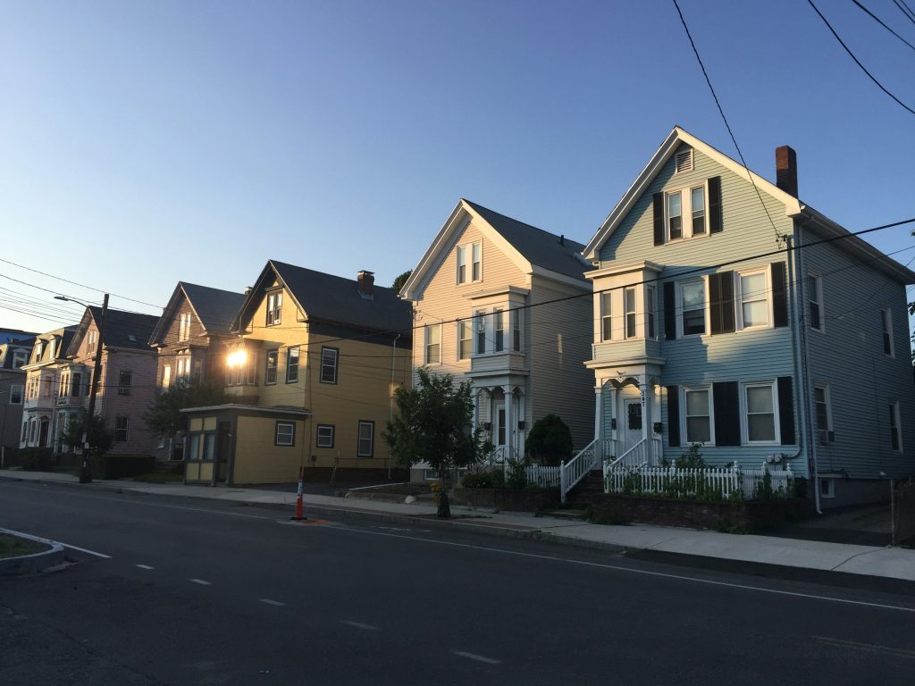 Residential street with houses in Somerville near Boston