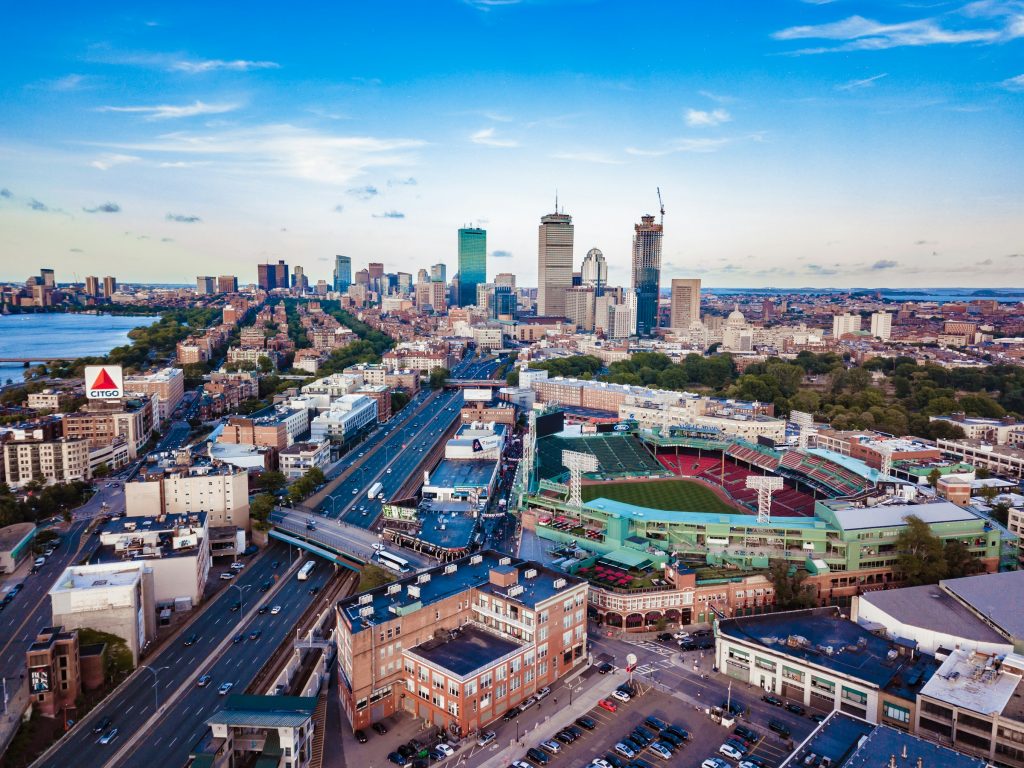Boston skyline and Fenway Park aerial view